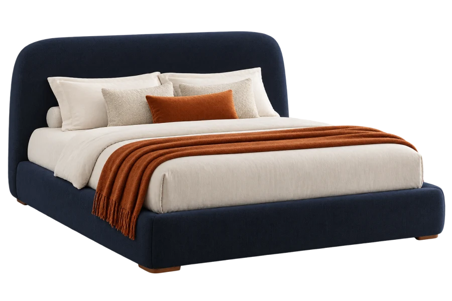 Cama contemporânea azul-marinho com roupa de cama clara