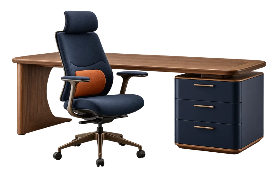 Mesa executiva de madeira com cadeira ergonômica azul-marinho